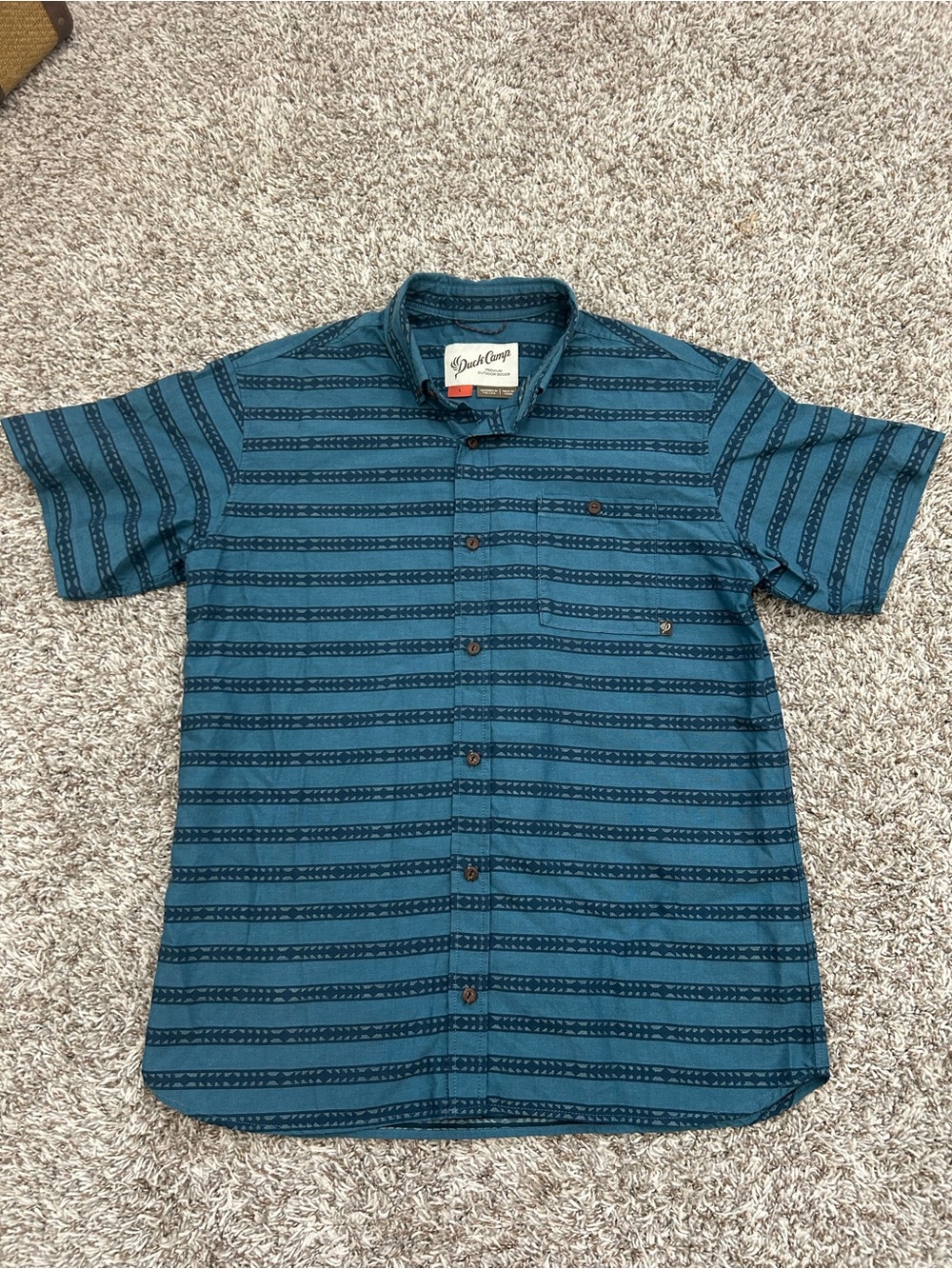 Duck Camp Shirt Mens Large Blue Short Sleeve Button Down Striped Outdoor Cotton